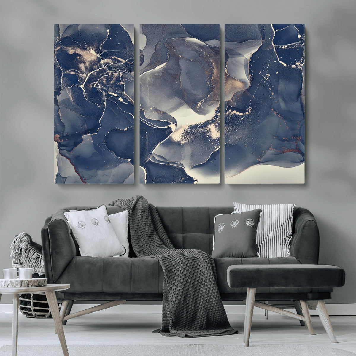 Large Abstract Blue and Gold Canvas Wall Art Fluid Ink