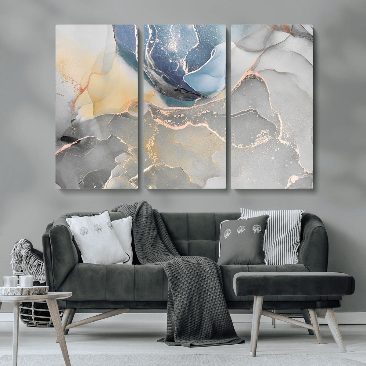 Large Abstract Blue and Gold Canvas Wall Art | Fluid Ink