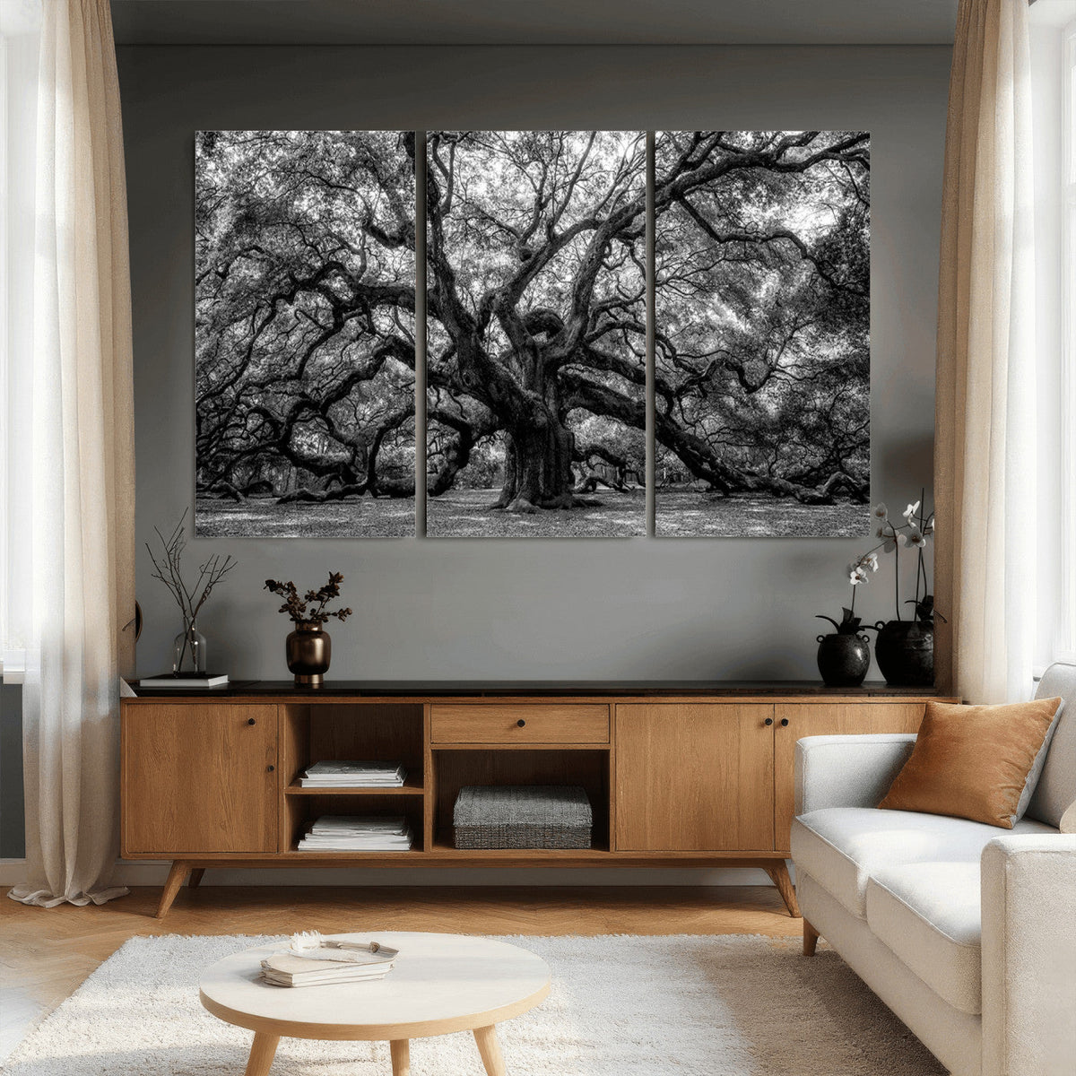Black and White Old Angel Oak Tree Wall Art Canvas Print