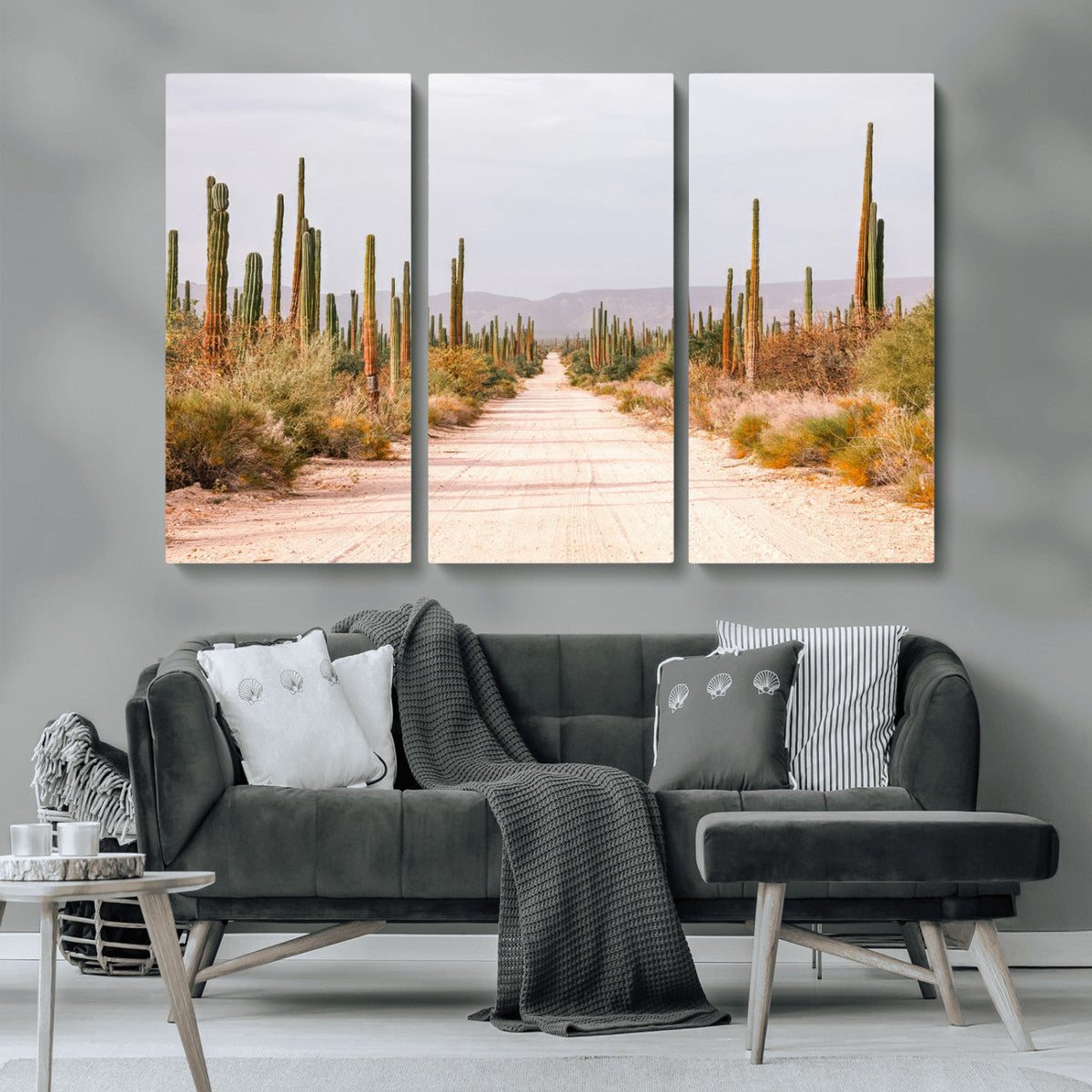 Desert Cactus Lined Road Wall Art Canvas Print – Framed