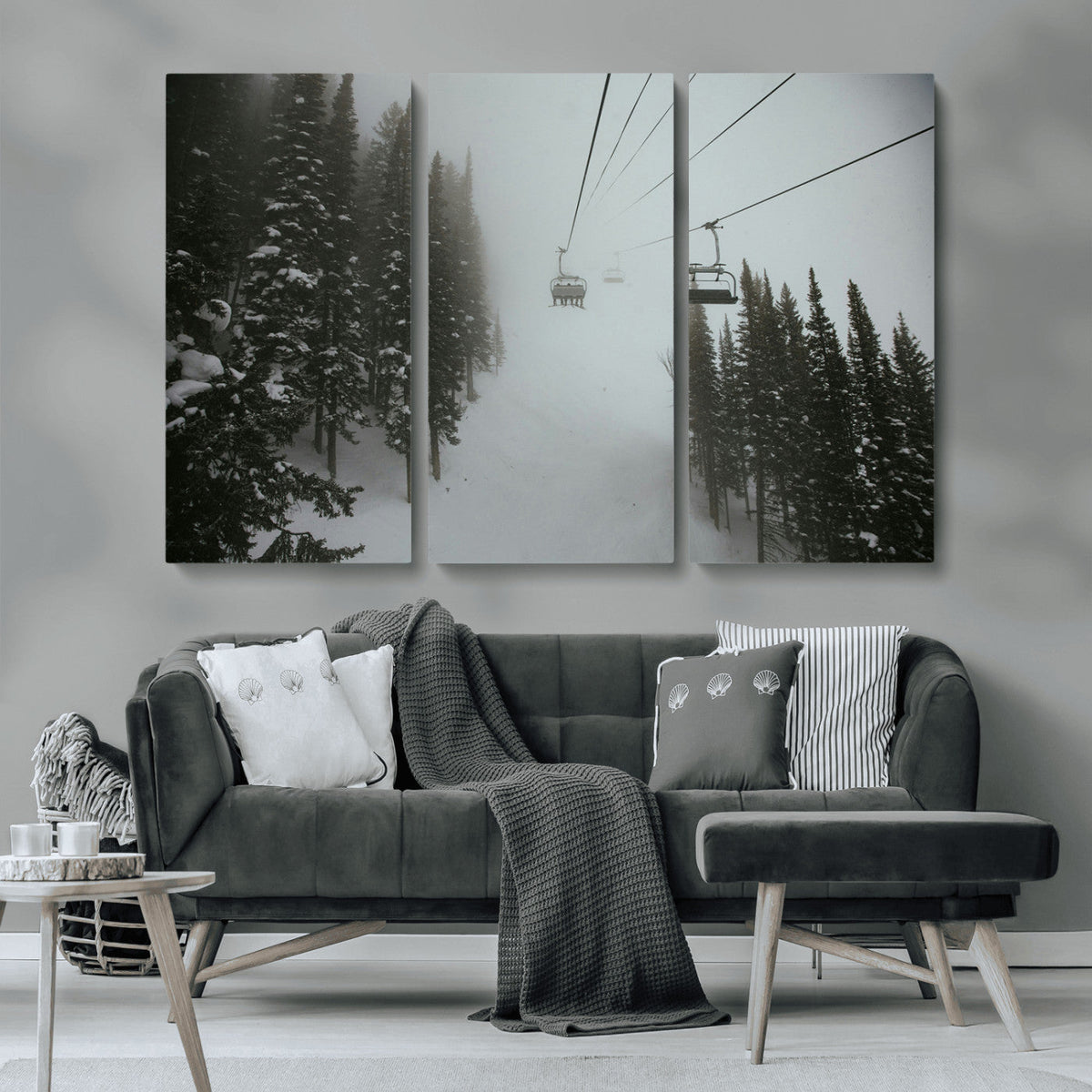 Ski Lift Wall Art Canvas Print – Snowy Pines Misty Landscape