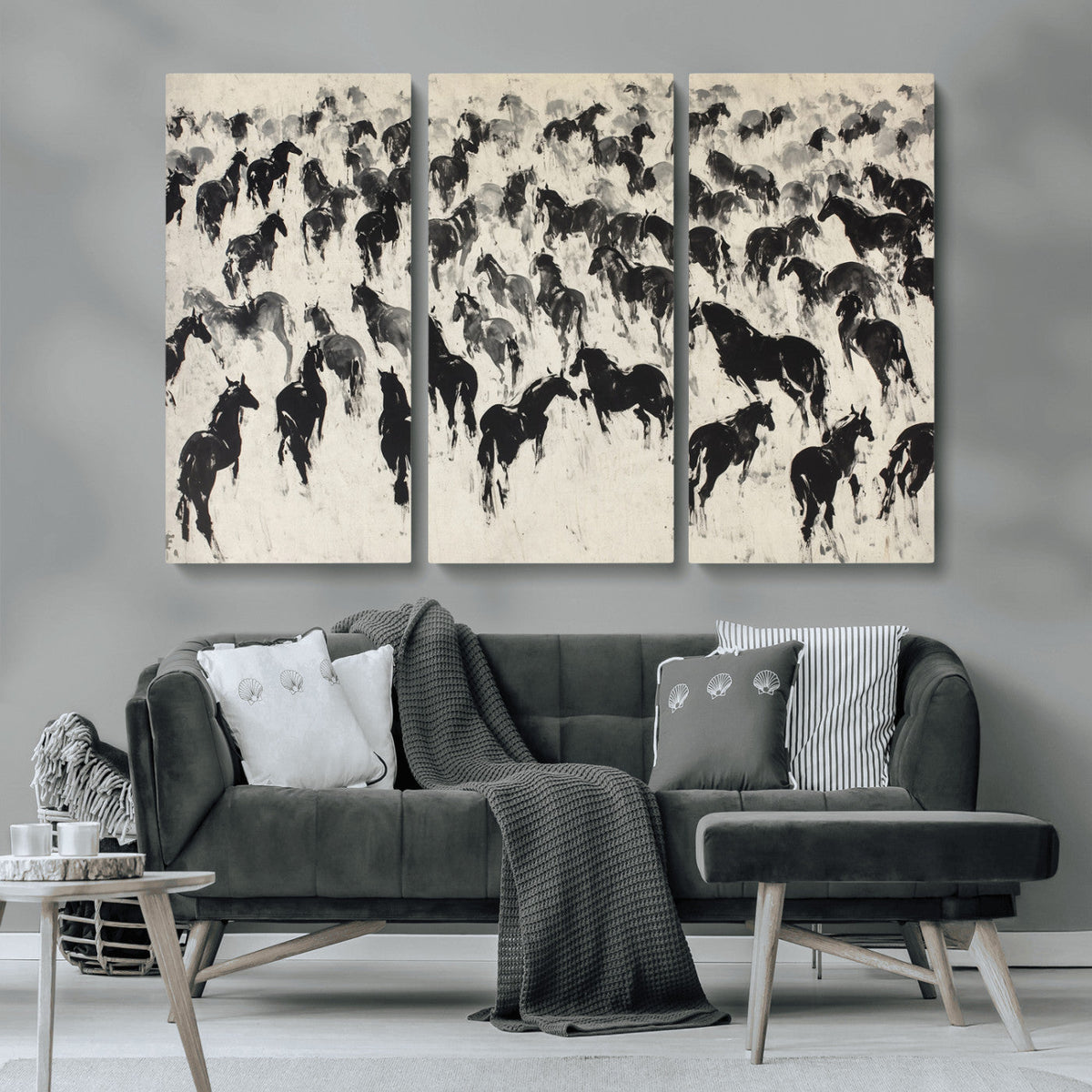 Wild Horse Stampede Wall Art Canvas Print – Monochrome