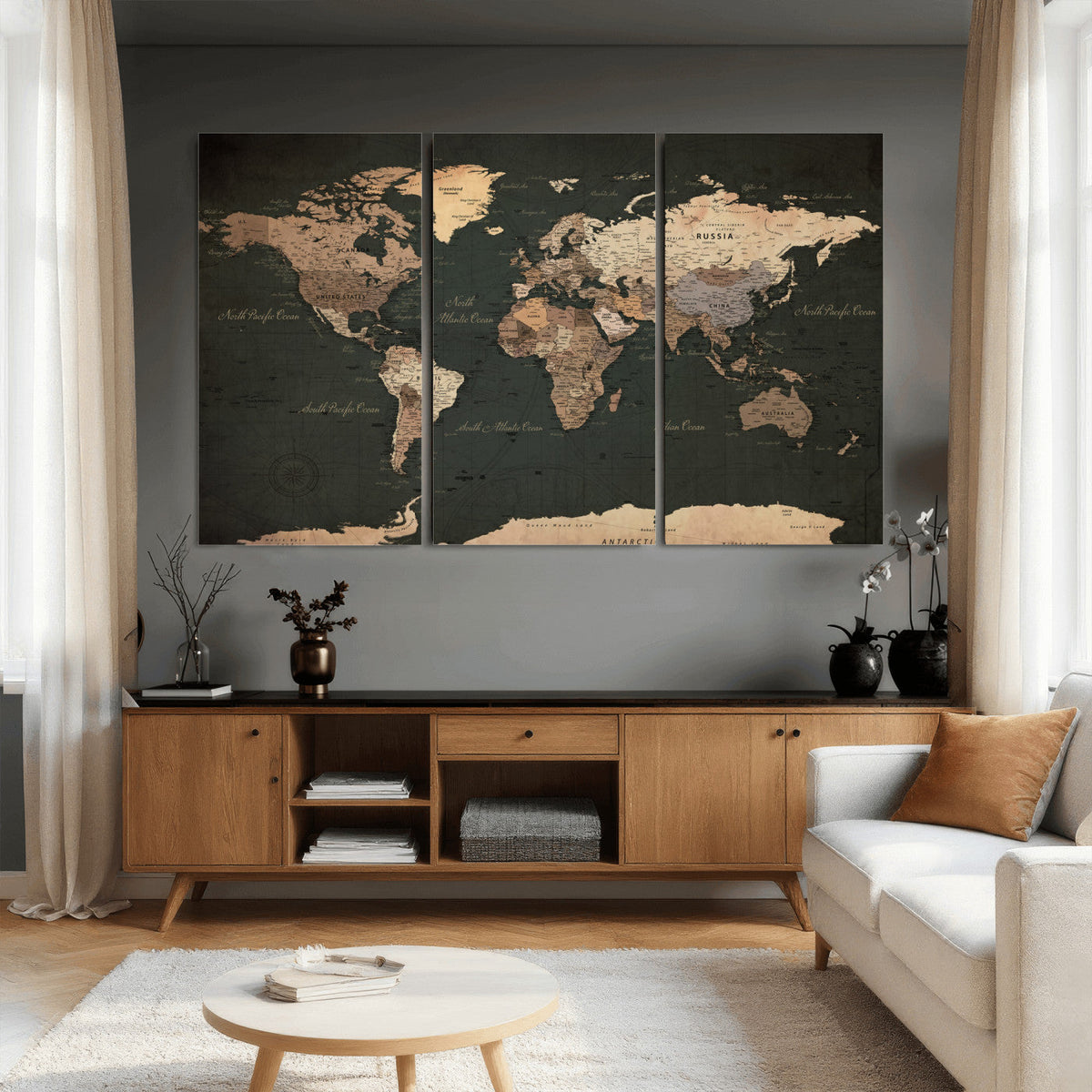 Vintage World Map Canvas Wall Art – Framed Travel Map for