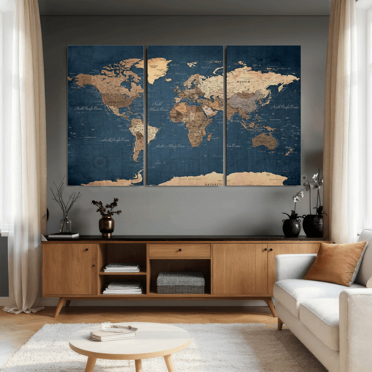 Navy Blue World Map Canvas Print – Framed Travel Map Wall