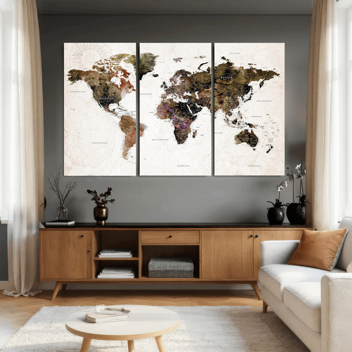 Watercolor World Map Print - Large Wall Art Canvas Print for