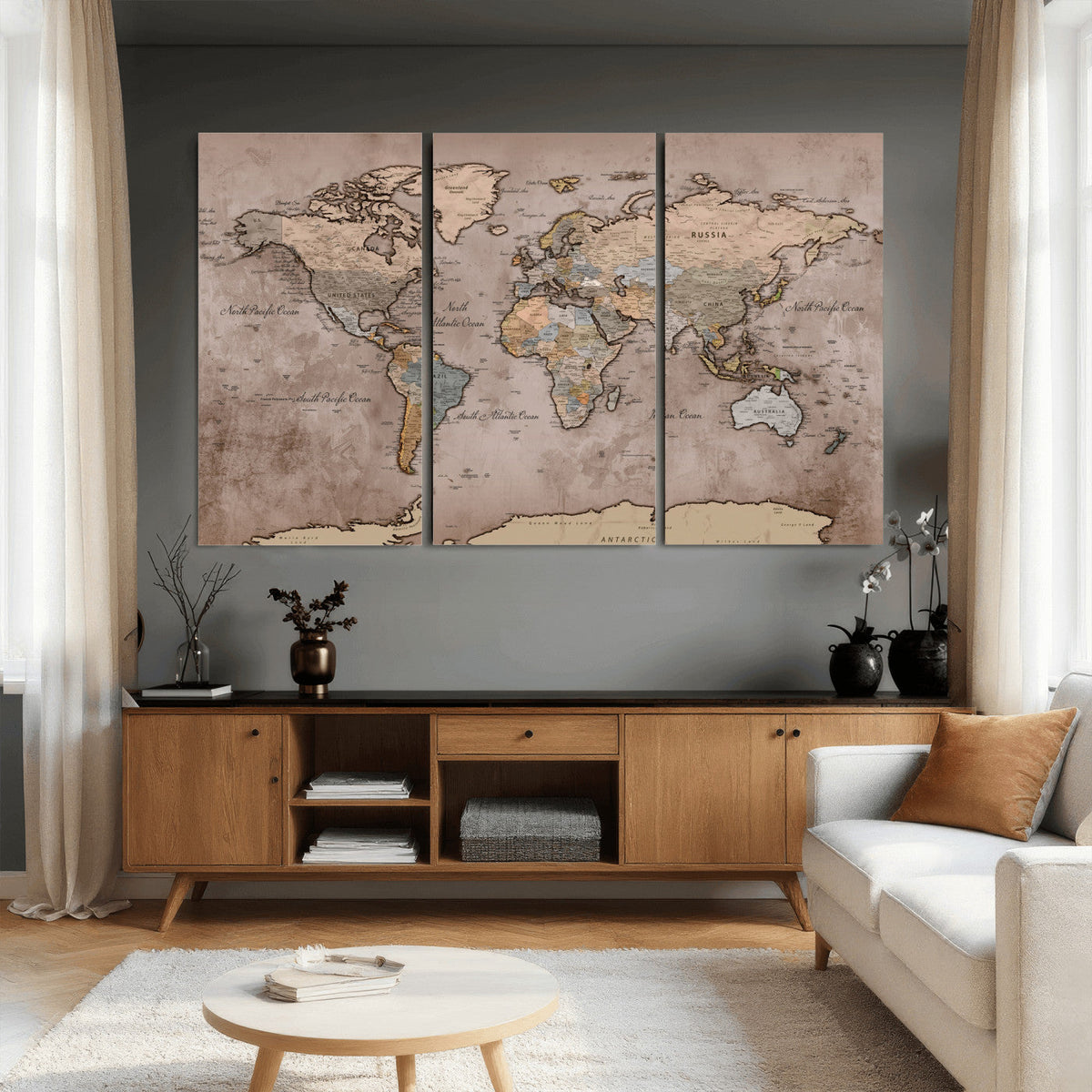 Grunge World Map Canvas Wall Art - Vintage Aged World Map