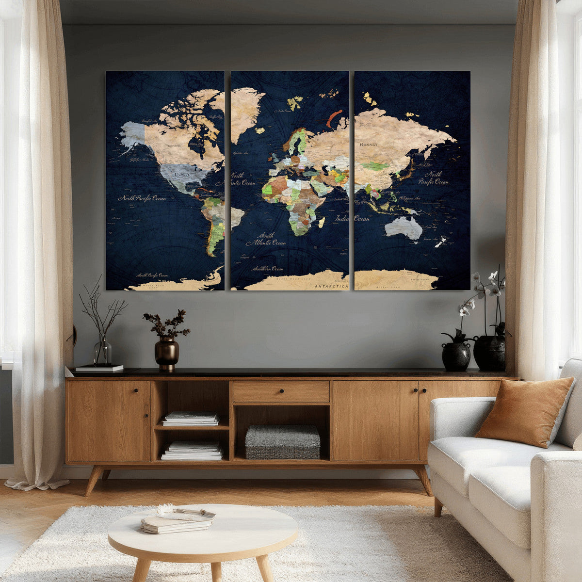 Minimalist World Map Canvas Wall Art - Watercolor Blue and