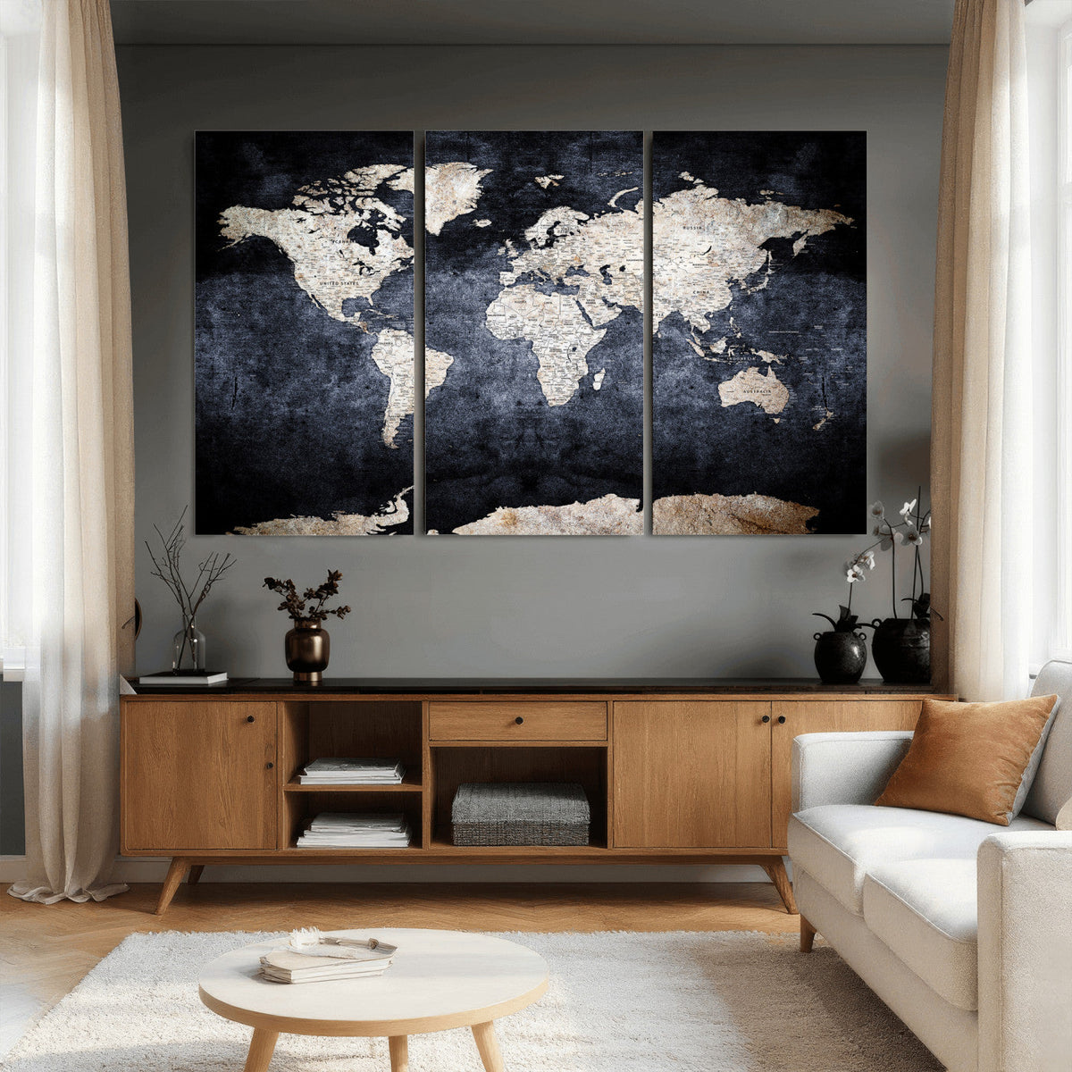 Vintage World Map Canvas Wall Art – Antique Triptych Map