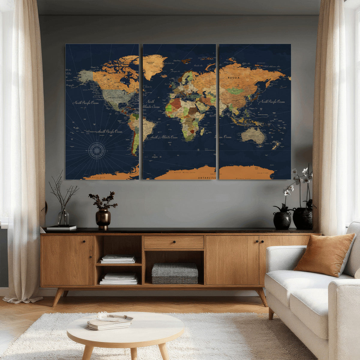 Modern World Map Canvas Print – Framed Detailed Map of the