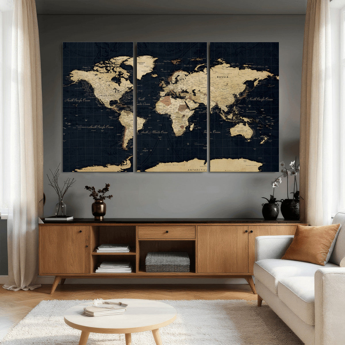 Dark World Map Canvas Wall Art Print, Minimal Black and Gold