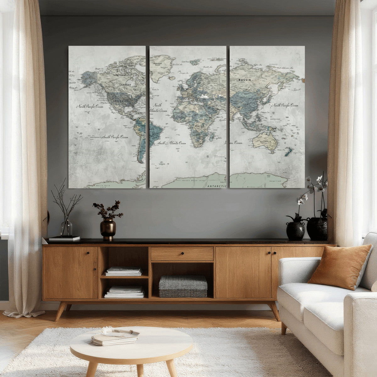 Neutral Vintage World Map Canvas Wall Art Print, Classic Map