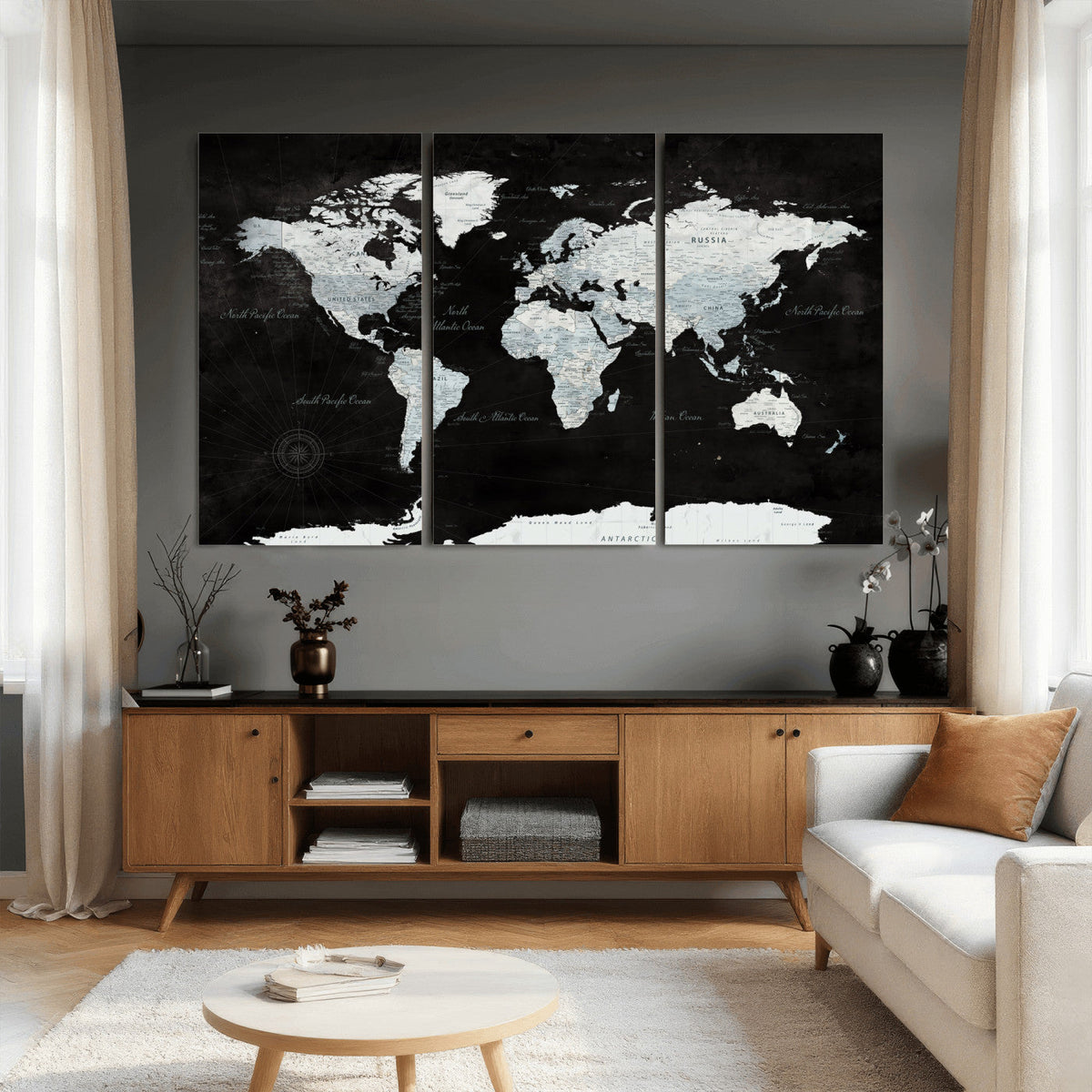World Map Canvas Print – Framed Push Pin Wall Art, Color