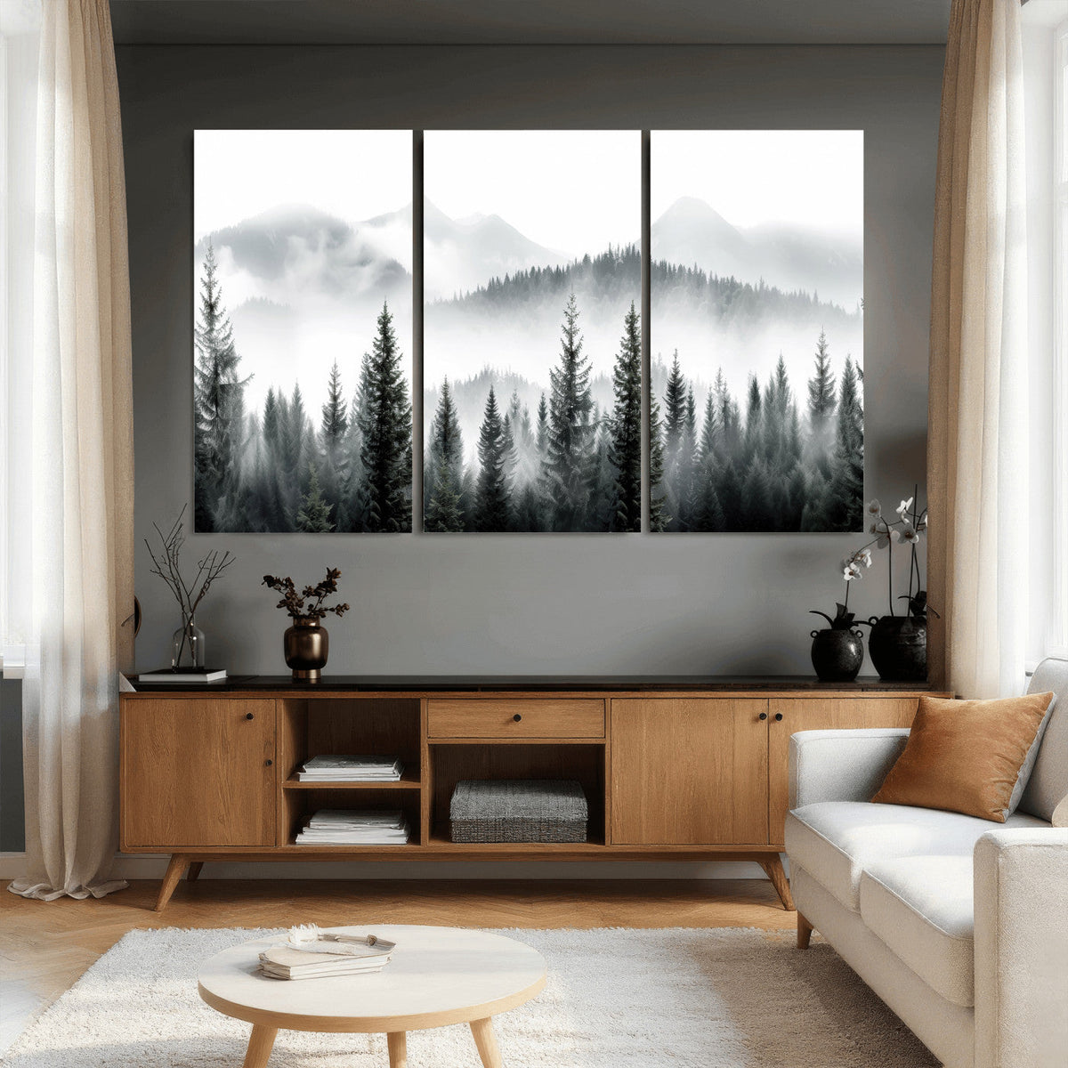 Misty Pine Forest Mountain Landscape Wall Art Canvas Print