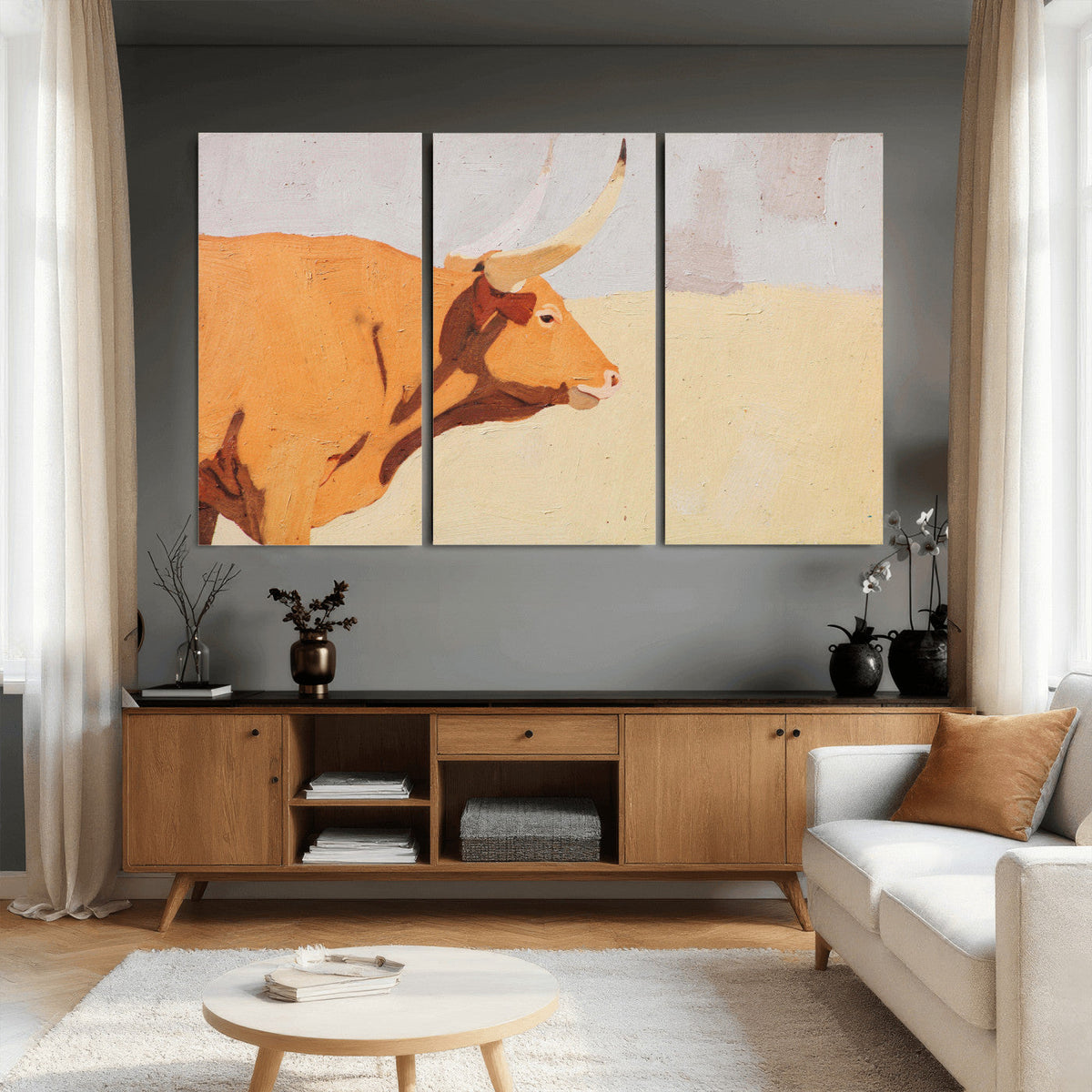 Minimal Longhorn Bull Wall Art Canvas Print, Neutral Western