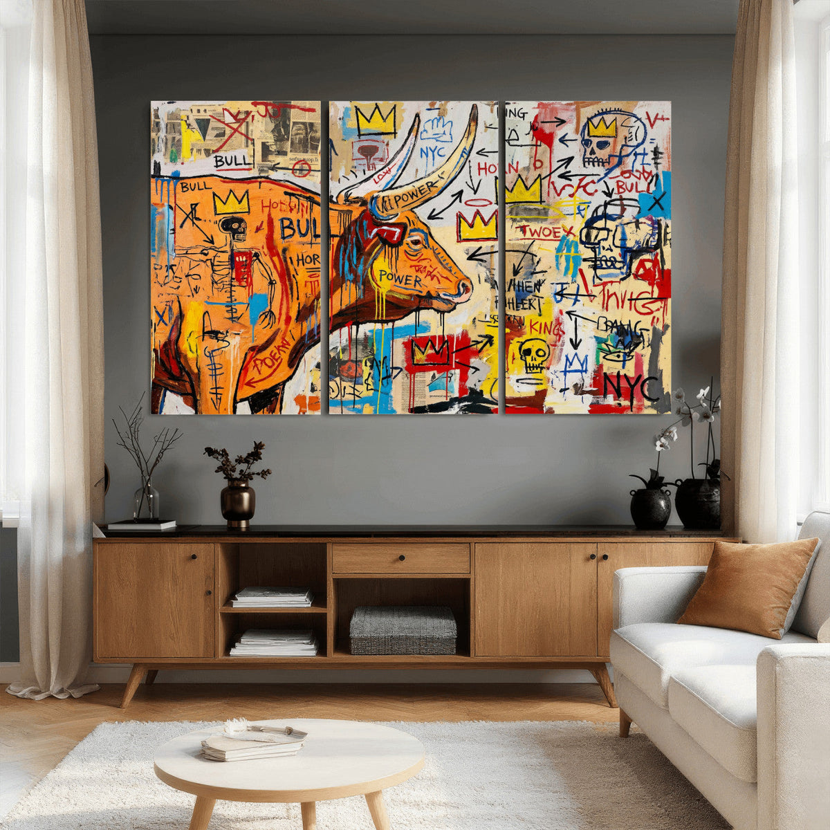 Basquiat Style Bull Graffiti Wall Art Canvas Print, Street