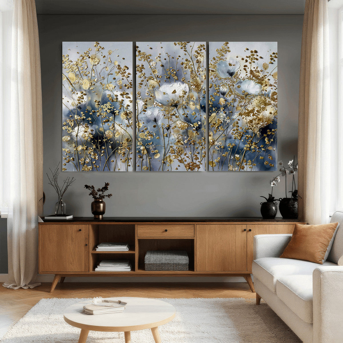 Abstract Floral Wall Art Canvas Print – Gold and Blue