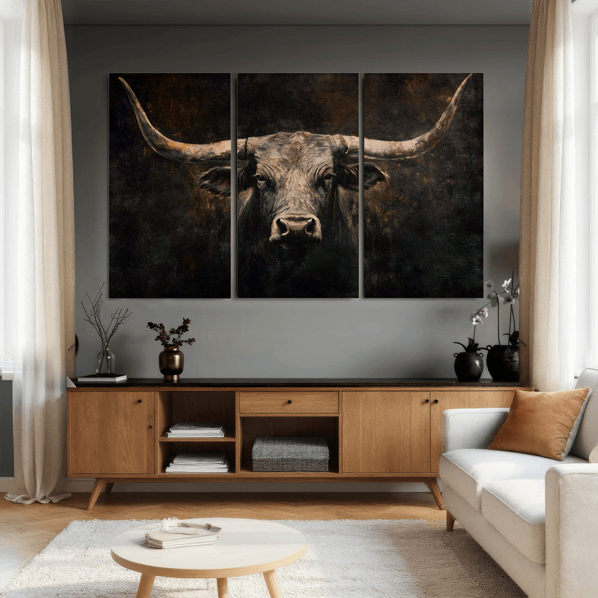 Vintage Longhorn Bull Wall Art Canvas Print – Rustic Western