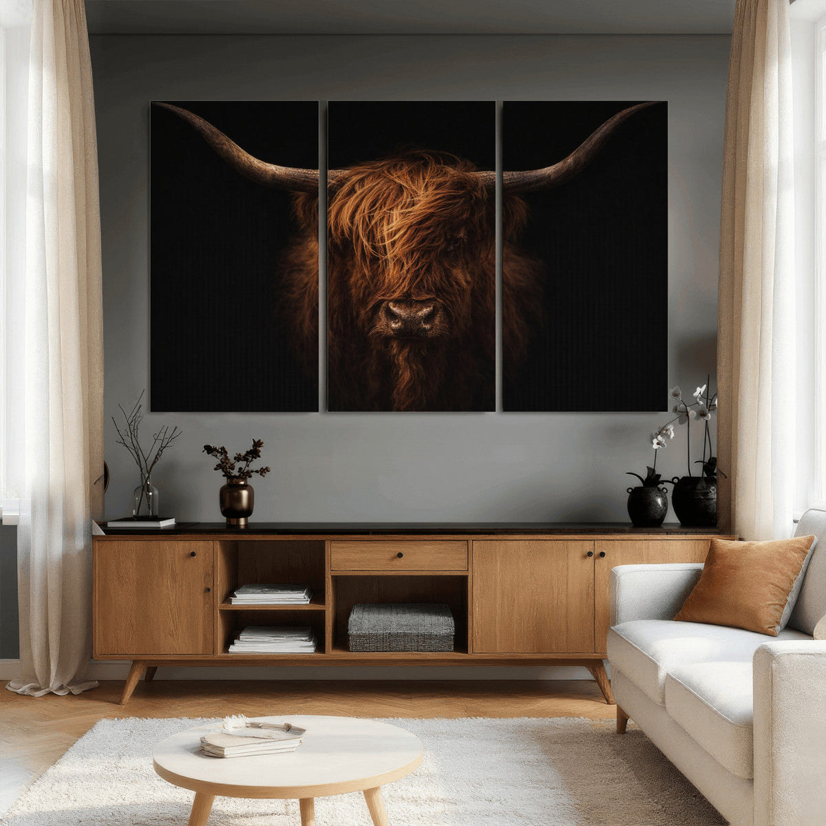 Highland Cow Wall Art Canvas Print – Moody Dark Rustic