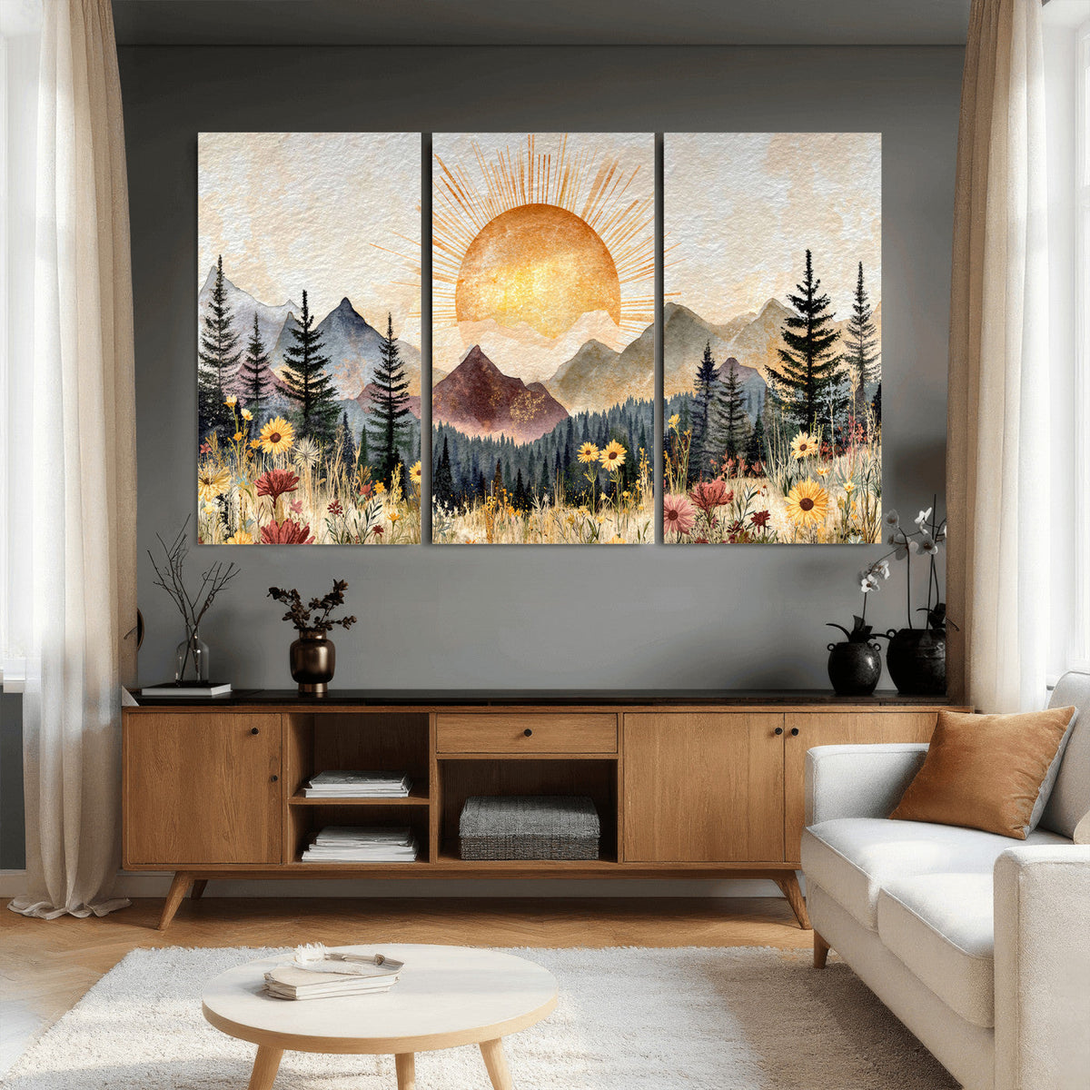 Boho Mountain Landscape Large Wall Art, Horizontal Gold
