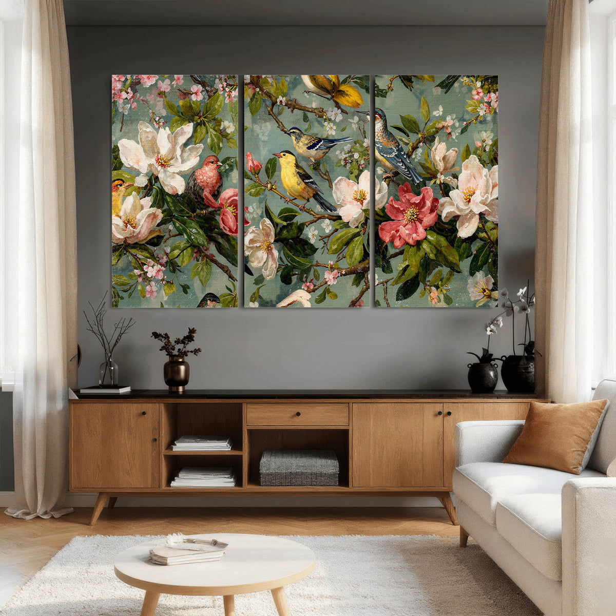 Vintage Birds and Flowers Wide Wall Art: Extra Large