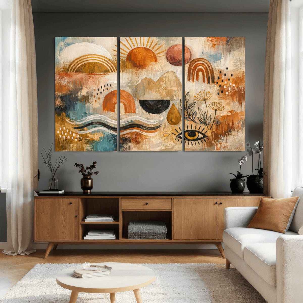 Geometric Boho Abstract Wall Art Canvas Print, Orange Blue