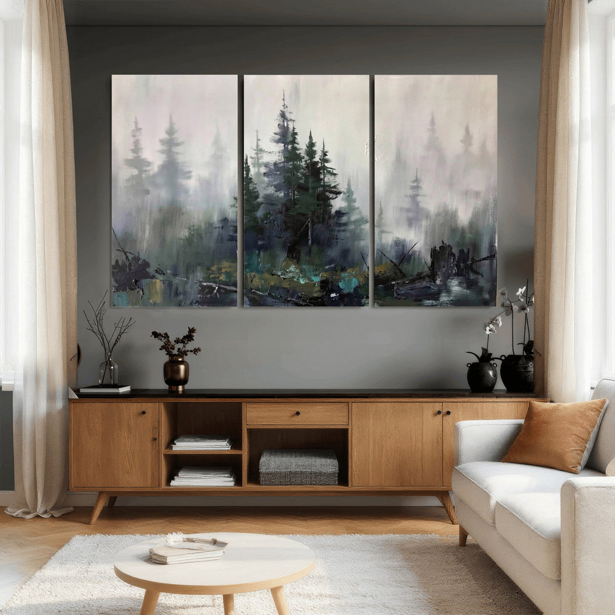 Misty Pine Forest Oil Painting Canvas — Dark Moody Teal Grey