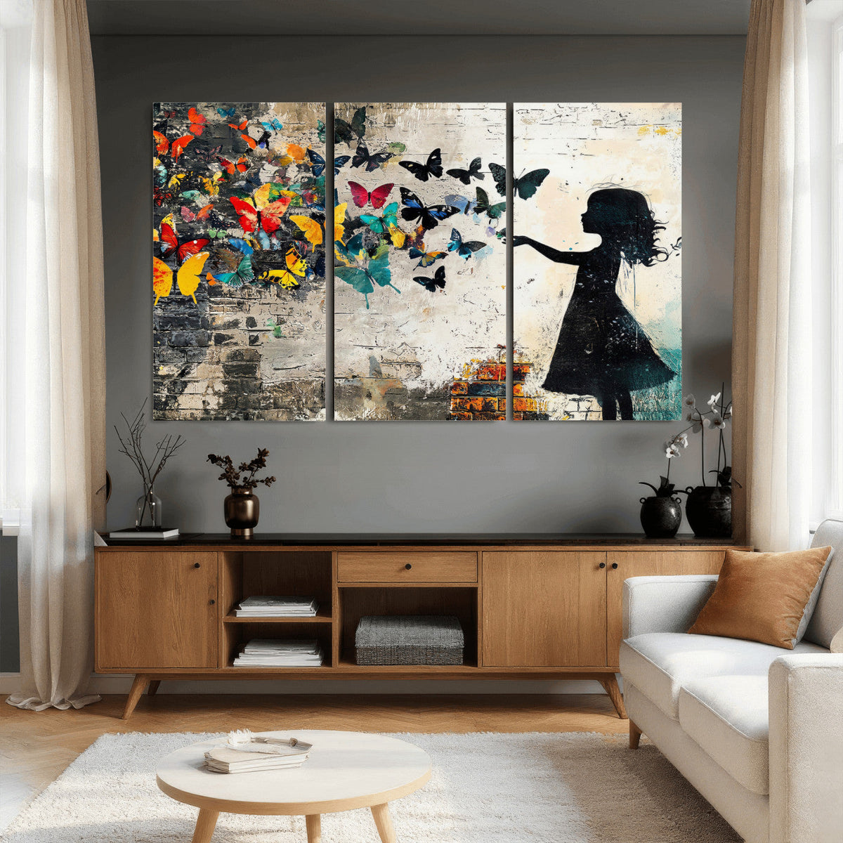 Banksy Butterfly Girl Wall Art Canvas Print, Framed Street
