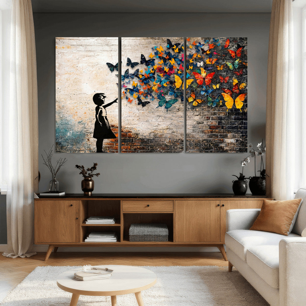 Banksy Graffiti Butterfly Girl Wall Art Canvas Print, Framed