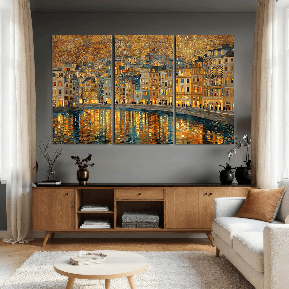 Gustav Klimt Golden Cityscape Wall Art Canvas Print, Framed