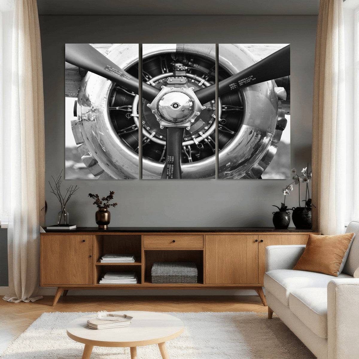 Vintage Propeller Plane Wall Art Canvas Print, Black and