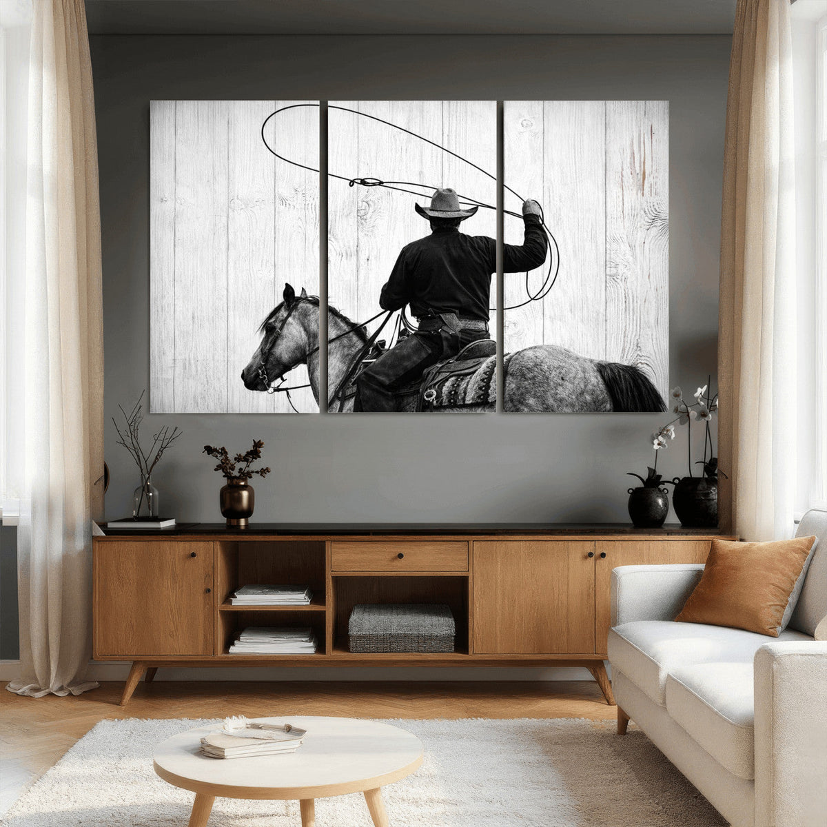 Cowboy Lasso Canvas Wall Art, Black White Western Horse