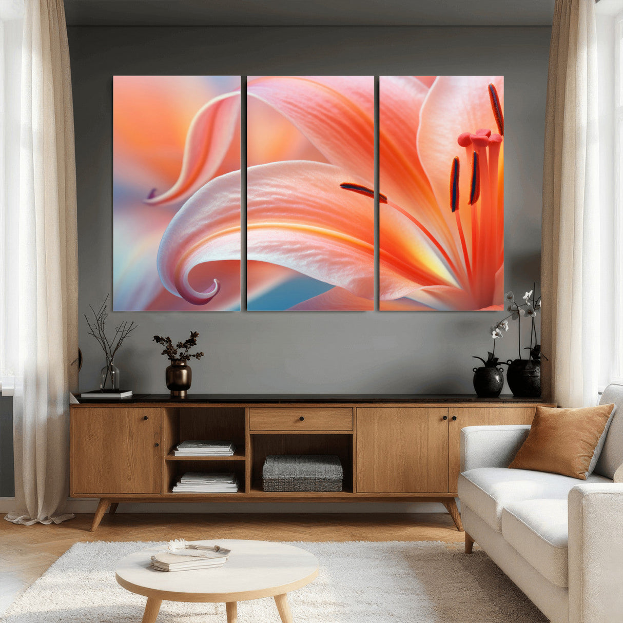 Peach Lily Canvas Wall Art, Coral Pink Flower Macro Photo Print, Botanical Bedroom Decor, Soft Floral Photography, Living Room Wall Art