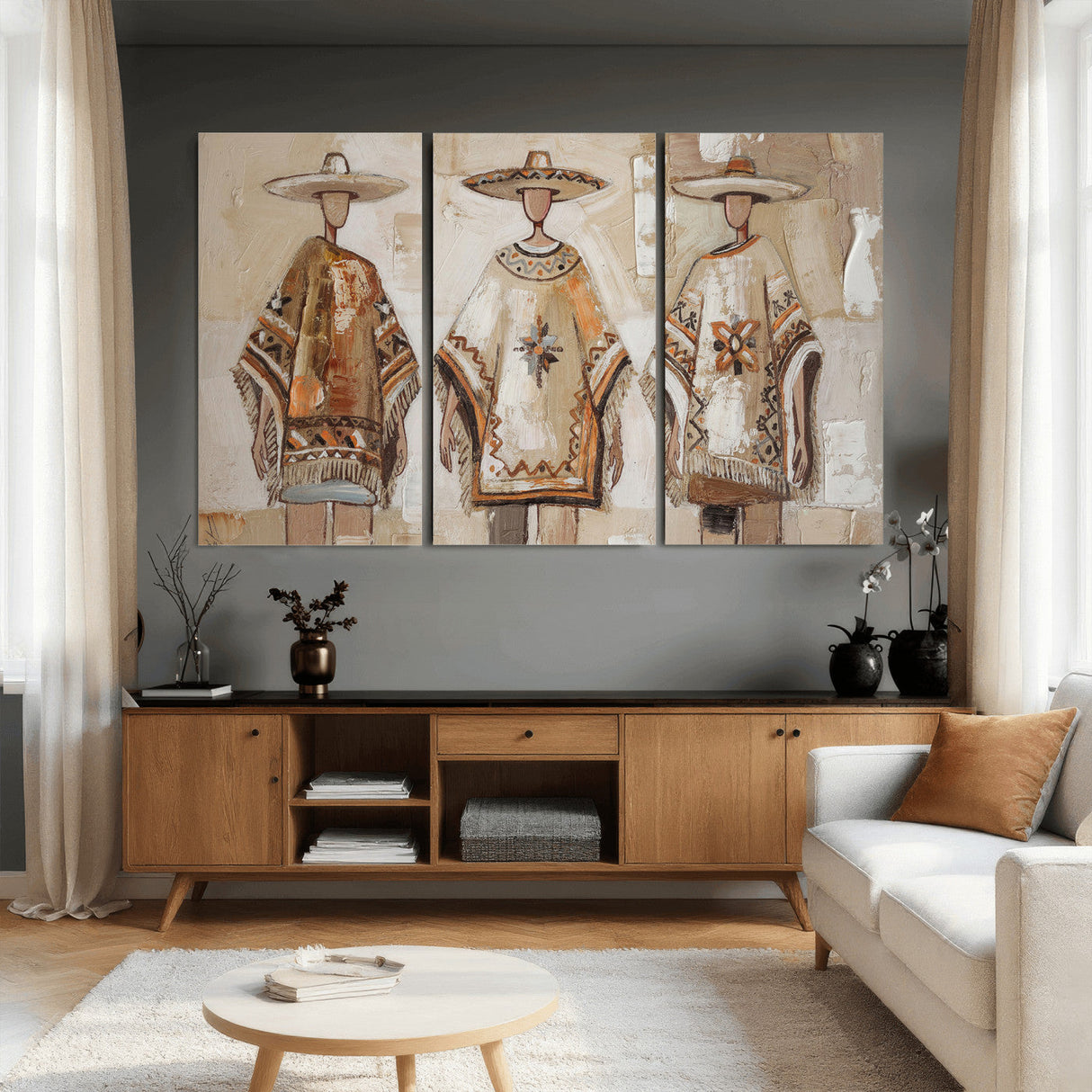 Mexican Folk Art Canvas Wall Art, Charro Poncho Sombrero Painting Print, Neutral Beige Boho Decor, Southwestern Impasto Style, Living Room Art
