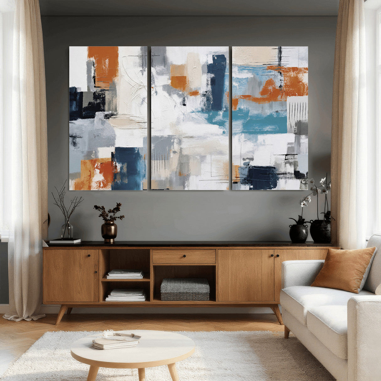 Blue Teal Abstract Canvas Wall Art, Modern Textured Painting Print, Navy Orange White Contemporary Art, Neutral Living Room Decor, Office Art