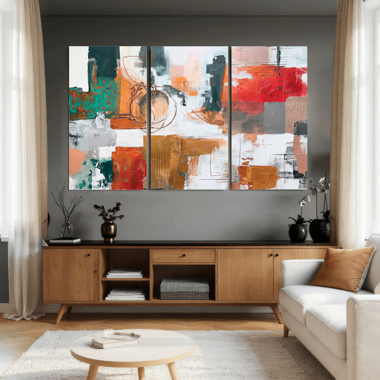 Blue Teal Abstract Canvas Wall Art, Modern Textured Painting Print, Navy Orange White Contemporary Art, Neutral Living Room Decor, Office Art