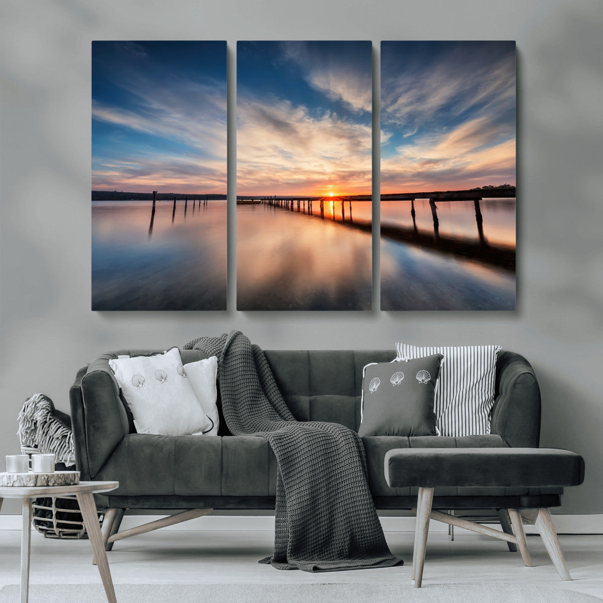 Wooden Pier on Seascape and Sunset Wall Art Canvas Print