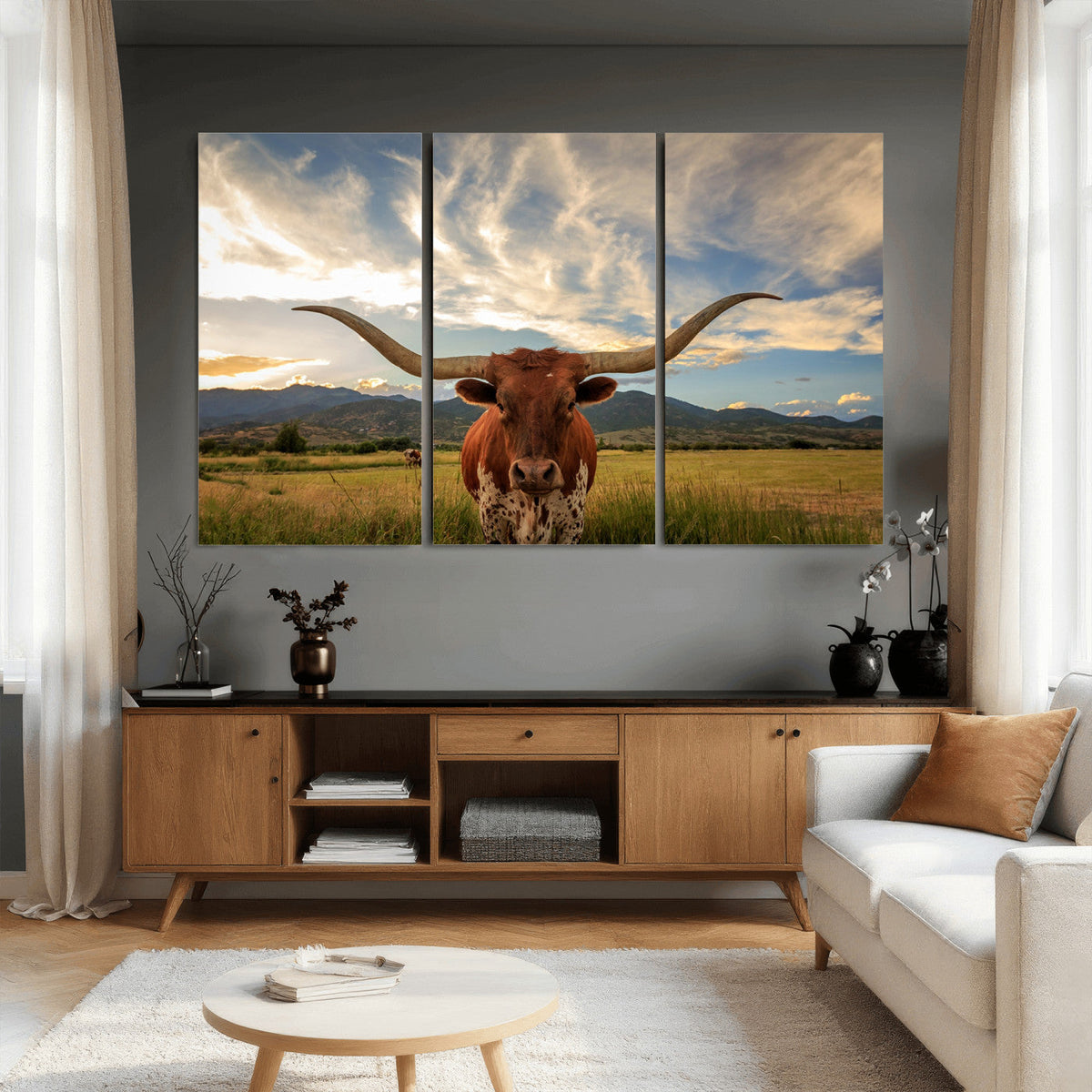 Texas Longhorn Canvas Wall Art – Majestic Triptych Animal