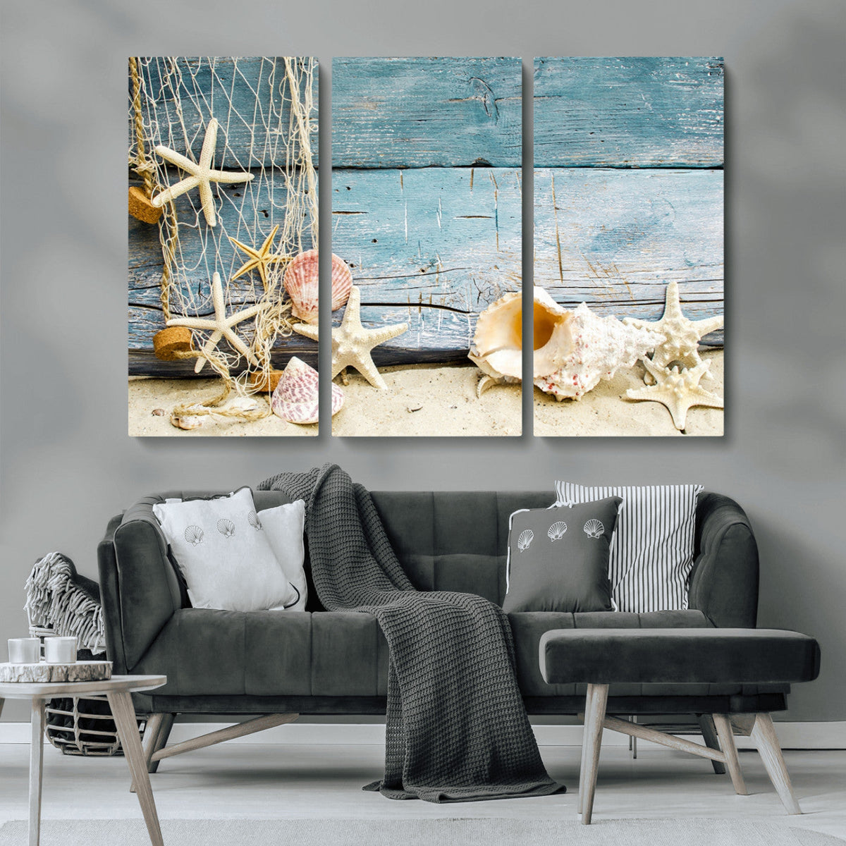 Seashells on Rustic Wooden Background, Seashells Wall Art