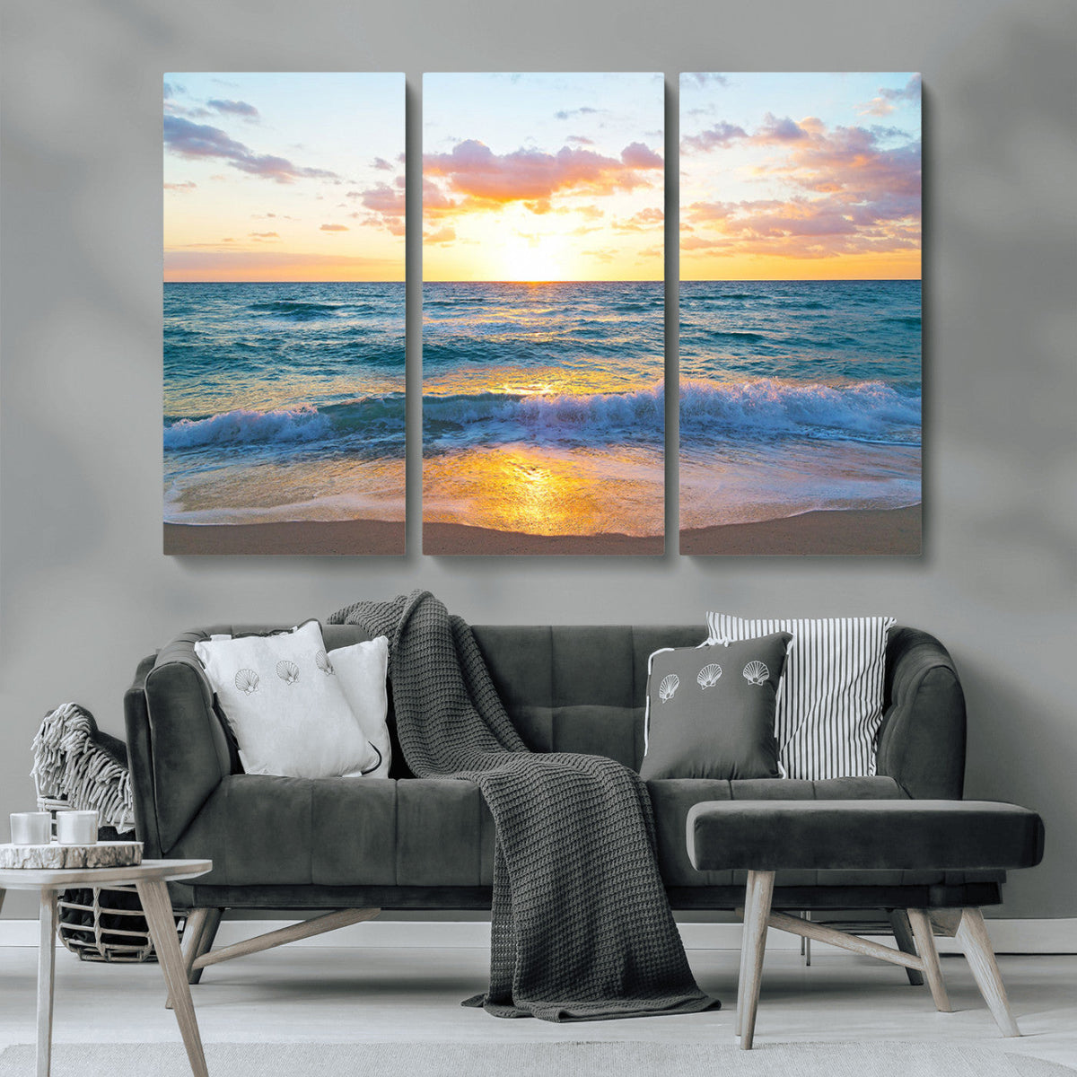 Golden Sunset Over Ocean Waves - Serene Coastal Triptych