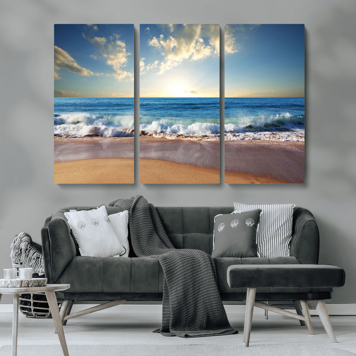 Serene Ocean Sunset Canvas Wall Art - Beach Waves at Sunset,