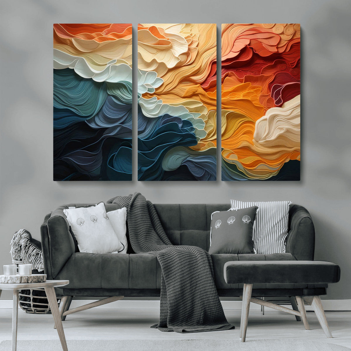 Blue Orange Abstract Wave Wall Art Canvas Print, Framed Blue