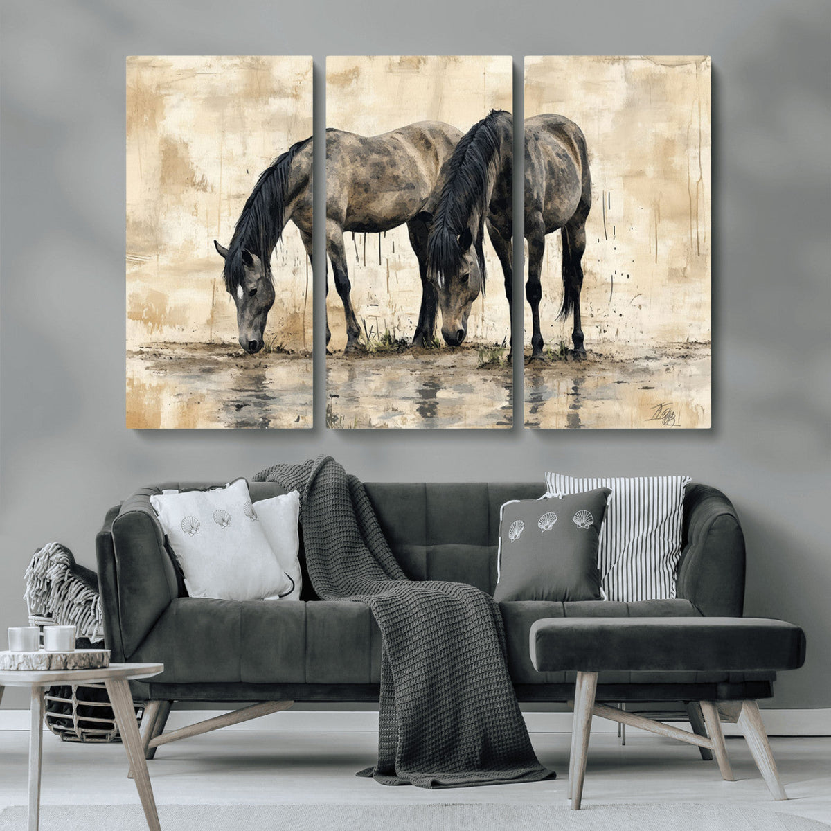 Chinese Style Abstract Black Horses Wall Art Canvas Print -