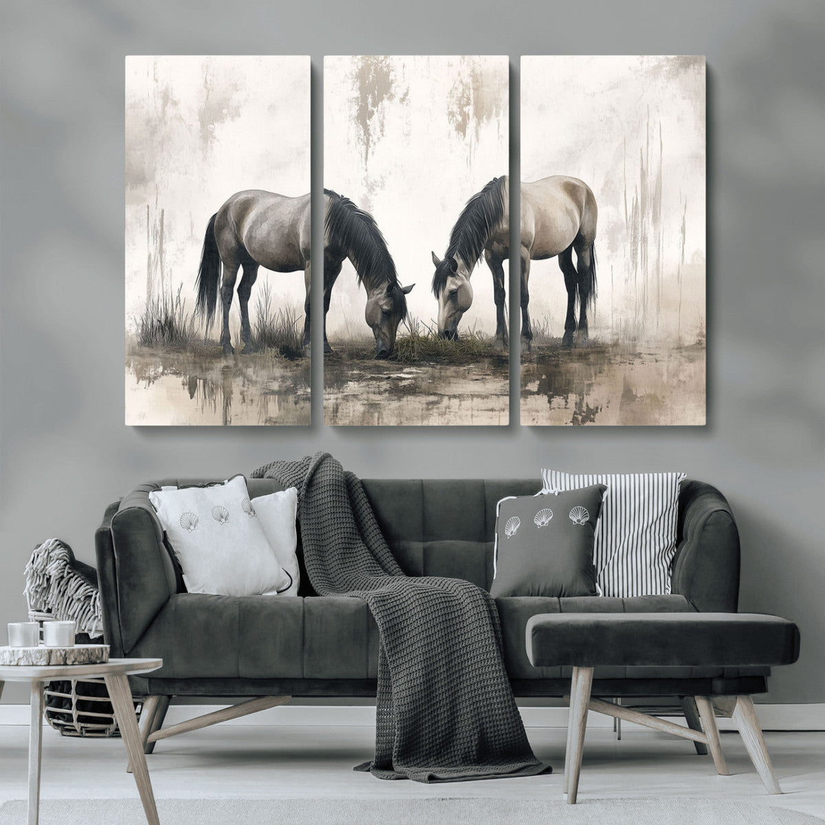 Chines Ink Style Vintage Horses Wall Art Canvas Print for