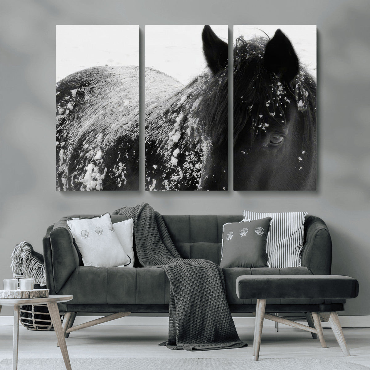 Black Horse in Snow Canvas Print | Winter Horse Wall Art |