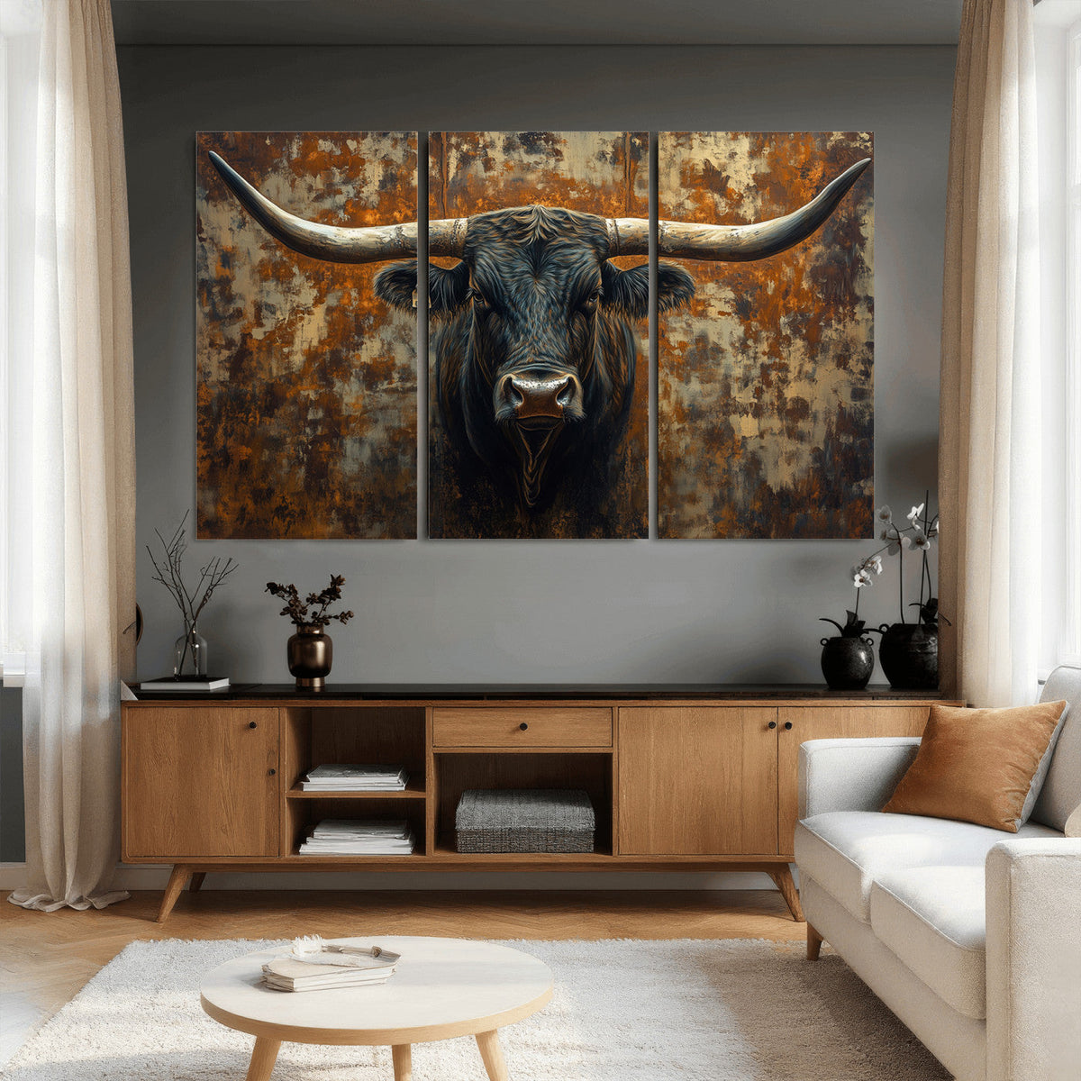 Longhorn Texas Cow Bull Wall Art | Rustic Farmhouse Canvas