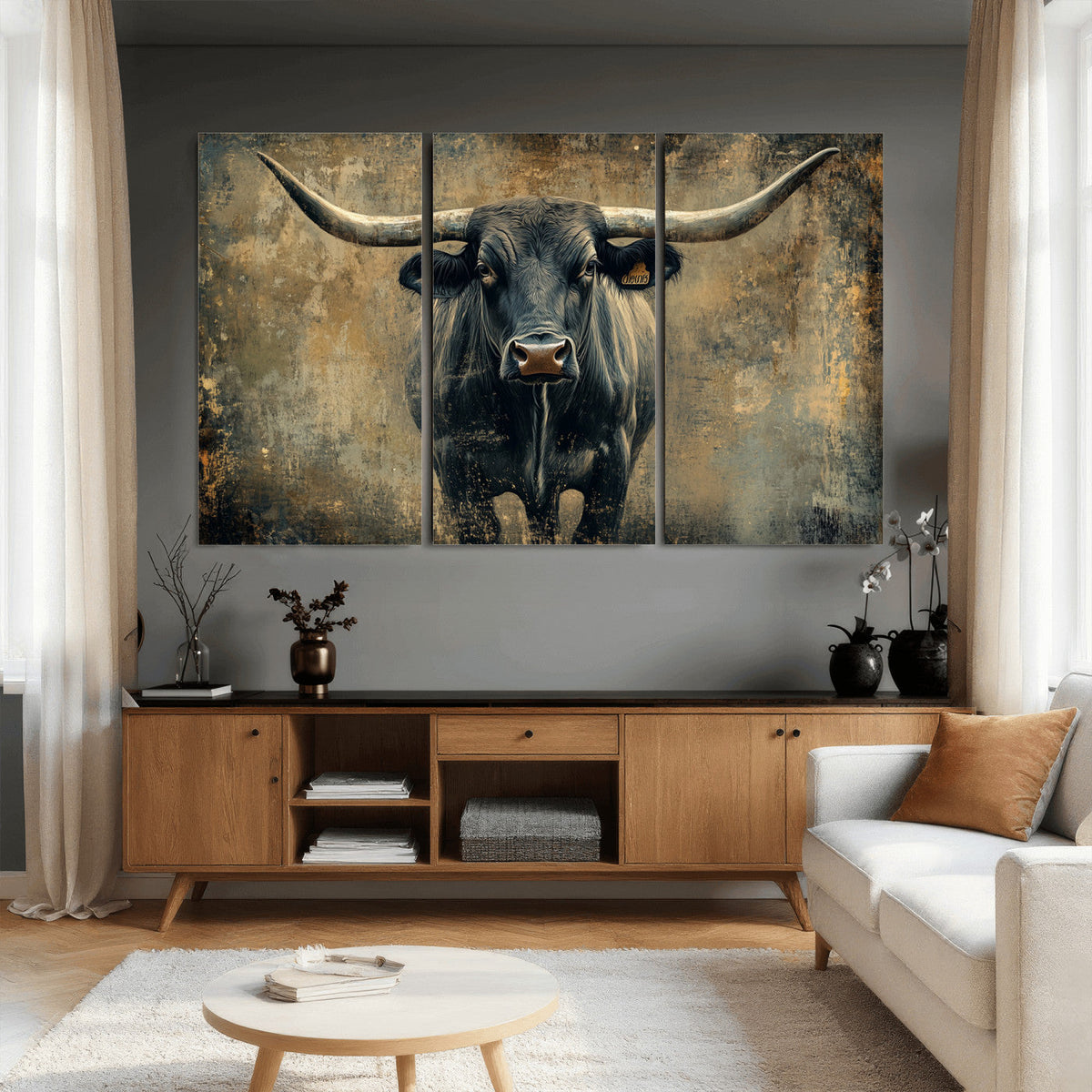 Texas Longhorn Bull Wall Art – Framed Rustic Cow Canvas