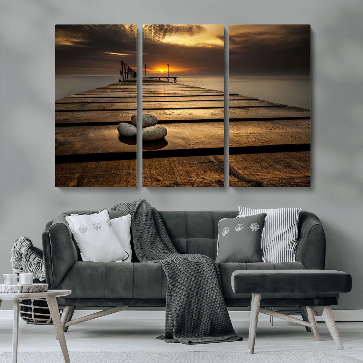 Stones on Wooden Pier at Sunset Canvas Print, Serene Coastal