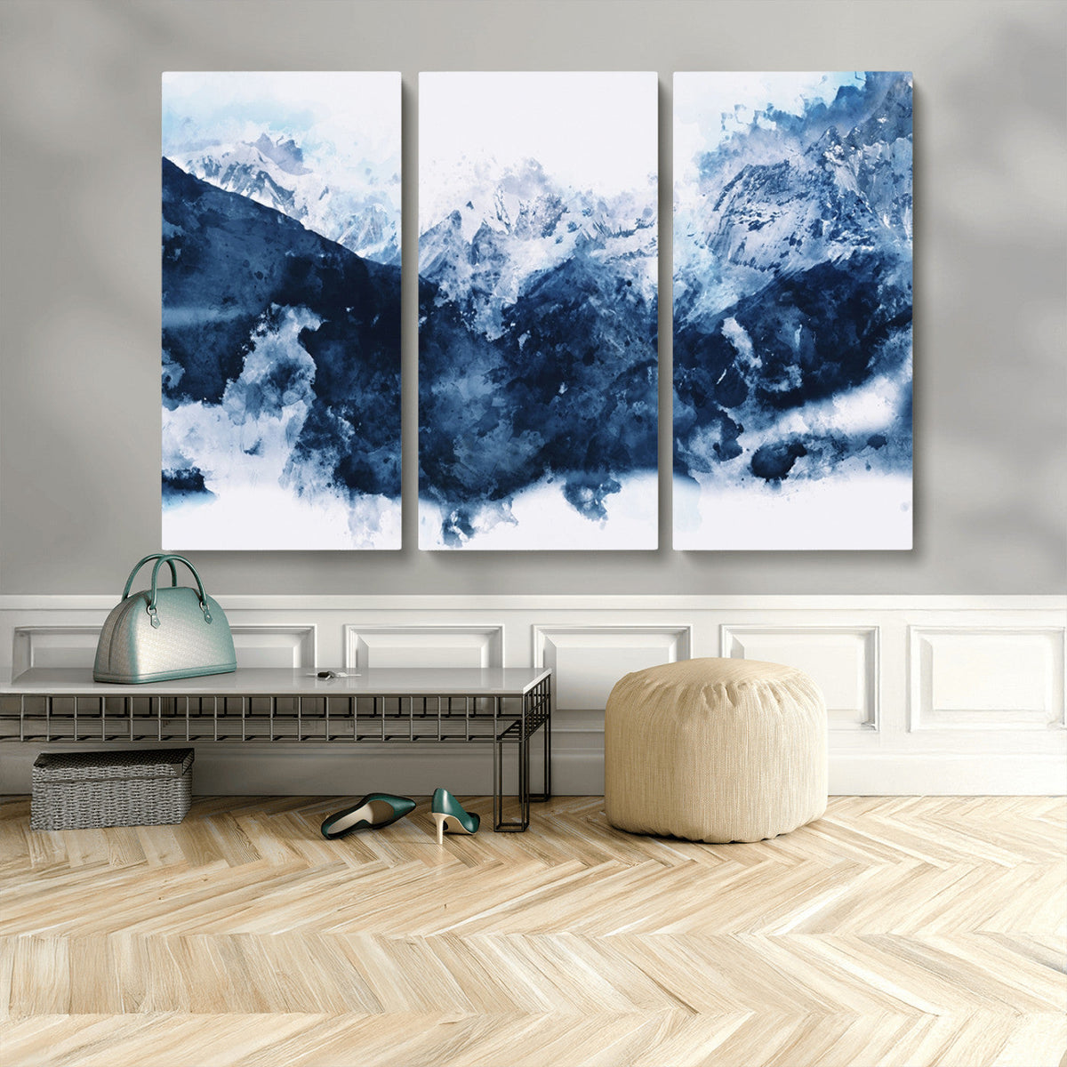 Abstract Blue Mountain Canvas Wall Art – Modern Triptych