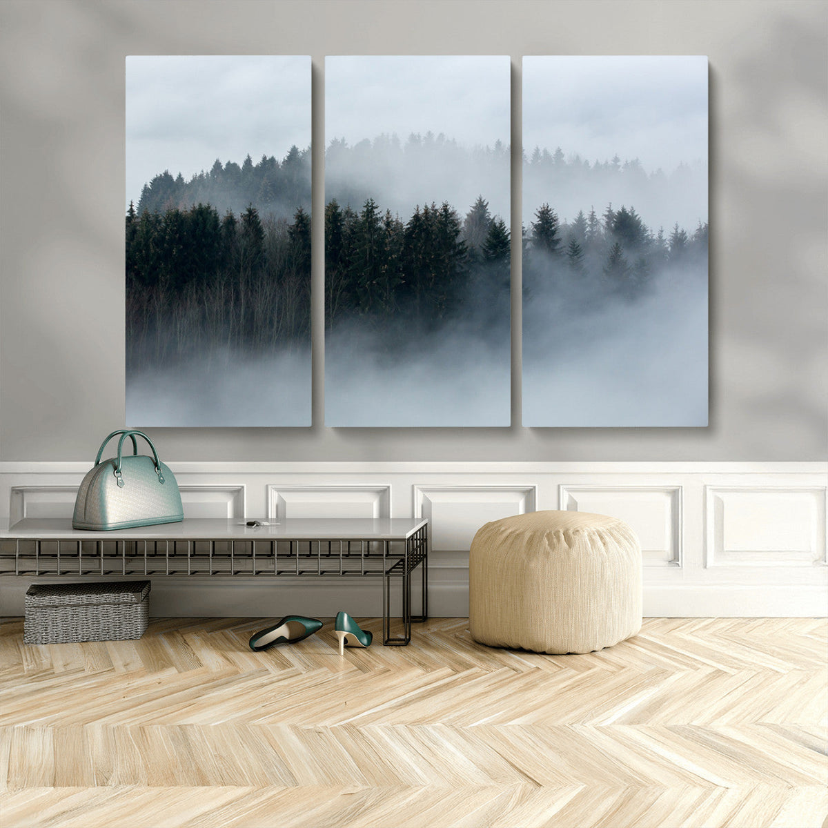 Autumn and Misty Trees in the Forest Wall Art Canvas Print,