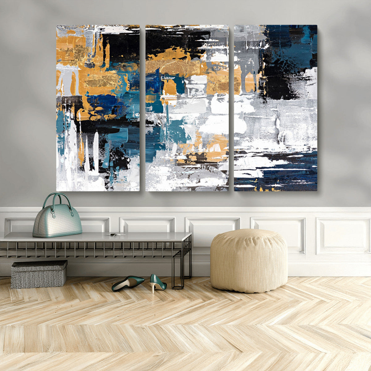 Blue and Gold Abstract Canvas Wall Art – Triptych Modern